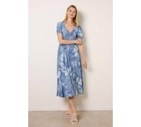 Blue Vanilla Shirred Button V Neck Midi Dress - S - Blue