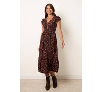 Blue Vanilla V Neck Midi Dress With Shirred Waist Button Front - M-L - Brown