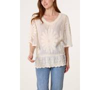 Blue Vanilla Women's Stone Sun Flower Lace Sleeve Blouse | Size: Medium/Large Blue Vanilla Stone M/L