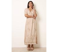 Blue Vanilla Wrap Front Metallic Embroidery Floral Dress - S-M - Stone