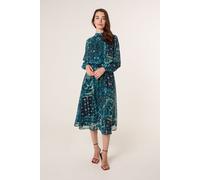 Blue Vanilla Watercolour Paisley Puffball High Neck Midi Dress - UK 20 - Teal