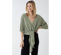 Blue Vanilla Women's Tie Front Oversized Batwing Top in Khaki | Size: Small/Medium