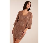 Blue Vanilla Women's V Neck Puff Ball Sleeve Mini Dress in Bronze | Size: 10