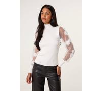 Blue Vanilla Turtle Neck Jumper With Mesh Polka Dot And Flower Detailed Sleeve - S - White