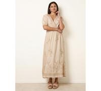 Blue Vanilla Wrap Front Metallic Embroidery Floral Dress - S-M - Stone