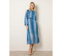 Blue Vanilla Zig Zag Metallic High Neck Puffball Pleated Dress - L - Navy