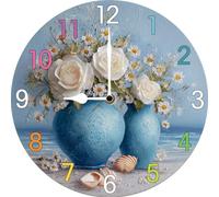 Blue Vase White Daisy Wall Clock for Living Room Decor 10 Inch Holiday Hanging Round Desk Clocks Silent Non-Ticking Battery Operated Easy to Read Bathroom Kitchen Office