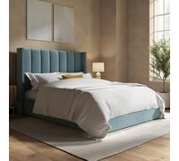 Blue Velvet Double Ottoman Bed With Winged Headboard - Maddox