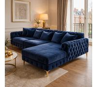 (Blue Velvet, Right Hand Chaise) Luxury Chesterfield Chaise Sofa Longue Plush Velvet L Shape Corner Settee Couch