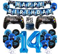 Blue Video Game Party Decorations - 38 Pieces 14th Birthday Decorations for Boys, Happy Birthday Banner Number 14 Foil Balloon Game Controller Foil Balloon Cake Topper for Boys Birthday Party Decor