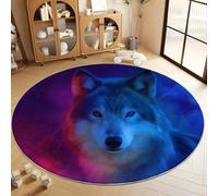 Blue-Violet Washable Round Rugs 80 cm, Non Slip Fantasy Realistic Animal WolfBoys Girls Circle Rug - Super Soft Low Pile Area Carpet for Bedroom Living Room Kids Room
