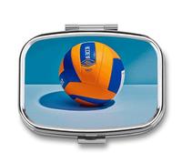 Blue Volleyball Pill Box 2 Compartment - Small Metal Medicine Organizer Portable Pill Case for Purse Pocket Travel Vitamin Organizer for Men Women, BPA-Free