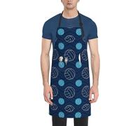 Blue Volleyball Print Kitchen Apron With Pockets Versatile Adjustable Chef Bbq Grilling Smock For Adults