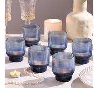 Blue Votive Candle Holders Set of 6-2.55" x 3" Gradient Glass Tea Light Candle Holder with Stylish Ribbed Design, Large Votive Holders for Wedding Centerpieces, Fall, Vintage Party or Home Decor