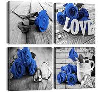 Blue Wall Art Flower Wall Decor Royal Blue Rose Canvas Pictures for Bathroom Decor Black and White Romantic Floral Prints Poster Modern Love Artwork for Living Room Bedroom Home Decoration 12x12" 4Pcs