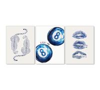 Blue wall art, trendy cheetah print, retro poster with 8 spheres, 3 pieces, playful, navy blue, kiss lips, coquette, room decor, lucky image, preppy, aesthetic, for girls, bedroom