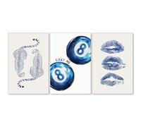Blue Wall Art Trendy Cheetah Prints Retro 8 Ball Poster Set of 3 Funky Navy Kiss Lips Coquette Room Decor Lucky Picture Preppy Aesthetic for Girls Bedroom Dorm 16x24 inch Unframed