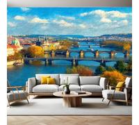 Blue Wall Mural 250 x 180 cm Cityscape Along The River Non-Woven Art Print Wallpaper Mural for Walls Living Room Bedroom TV Background Boys Girls Kids Rooms Decoration