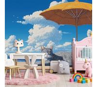 Blue Wall Mural Photo Wallpaper 79" x 55", HD 3D Beach Animals Cats White Clouds Print Non-Woven Photo Wallpaper, Modern Living Room Bedroom TV Backdrop Wall Decoration