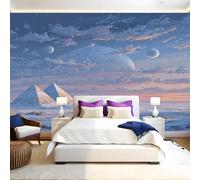 Blue Wall Mural Starry Sky Ancient Egyptian Buildings Photo Poster Mural Wallpaper Non-Woven Premium Art Print Living Room Bedroom Nursery TV Background Home Decor 300 x 210cm
