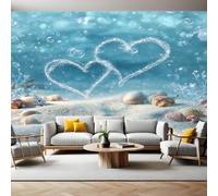 Blue Wall Murals for Living Room Two Hearts on The Beach 3D Print Photo Wallpaper Luxury Design Modern Non-Woven Wall Mural Sofa TV Kids Bedroom Decoration 200 x 140cm