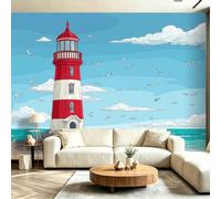 Blue Wall Wallpaper, 350 x 256 cm（WxH Mediterranean Cartoon Illustrations Lighthouse Wallpaper Non-Woven Art for Living Room Bedroom Children's Room Seaside Villa Accent Wall Decor - Premium Mural