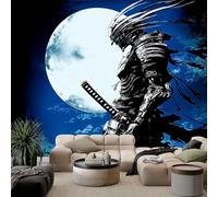 Blue Wall Wallpaper Mural Anime Moon Japanese Samurai Manga Style, Premium Non-Woven Wall Decor for Home Office & TV Background 200 x 140 cm Art Print Photo Wallpaper