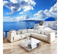 Blue Wallpaper Mural Landscape of Santorini Island, Greece Non Woven Premium Art Print, for Living Room Bedroom Photo Wall Decoration W250 X H175 Cm