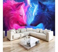 Blue Wallpaper Panoramic Deco Fantasy Animals, Wallpaper Mural Neon Lights Lightning Wolves 400 X 280 Cm for Bedroom Living Room Office Hotel Premium Non-Woven Mural - Wall Background Decoration