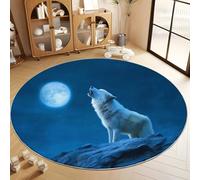 Blue Washable Round Rugs 100 cm, Non Slip Fantasy Surrealism Animal WolfBoys Girls Circle Rug - Super Soft Low Pile Area Carpet for Bedroom Living Room Kids Room
