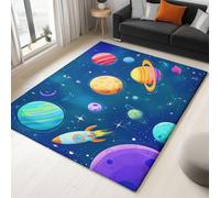 Blue Washable Rugs Living Room 120 x 180 cm Soft Short Pile Area Rug,Cartoon Universe Rocket Planet Carpet, for Indoor Bedroom Living room, Dining Room Home Office