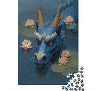 Blue Water Dragon Jigsaw Puzzles for Adults And Kids. 1000 Pieces Water Lily Whimsical Challenge Toy Educational Game Home Decor 38x26cm/1000pcs