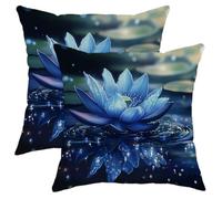 Blue Water Lily Flower Pillow Covers Set of 2, Water Plant Throw Pillows Case, Indoor Decorative Square Floral Decor for Home Sofa Bed Couch 18x18 Inch