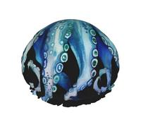 Blue Watercolor Octopus Shower Cap for Women Double Layers Thick Hair Caps Reusable Waterproof Bath Caps with Elastic Band Hair Hat Washable Shower Hat for Men Women Spa Salon