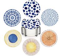 Blue Watercolor Pattern Coasters Set of 6,Absorbent Ceramic Coasters with Cork Base,Round Coaster Mats for Cold Drinks & Mugs, Rustic Home Decor + Holder
