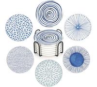 Blue Watercolor Series Coasters Set of 6,Absorbent Ceramic Coasters with Cork Base,Round Coaster Mats for Cold Drinks & Mugs, Rustic Home Decor + Holder