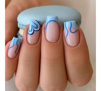 Blue Wave Acrylic False Nails with Glossy Translucent Base for French Manicure Art - Square Short Nail Tips Featuring Vibrant Design and White Glitter Accents for Elegant Occasions