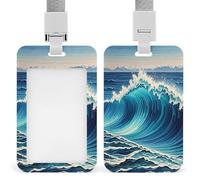 Blue Wave Art Badge Holder Waterproof Plastic ID Card Badge Holders with Lanyard Vertical Card Case Protector Pouch Clear Window Work Badges for Women Men