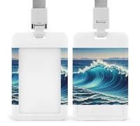 Blue Wave Art ID Badge Holder with Lanyard Vertical Hanging Name Card Holder Detachable Name Tag Clips with ID Window Suitable for Nurse Teacher Office Use