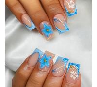 Blue Wave Gradient Press on Nails with 3D Floral & Polka Dot Design - Short Square False Nail Tips for Elegant, Glossy Home Manicure, Reusable & Easy to Apply, Transparent Glossy Manicure Set