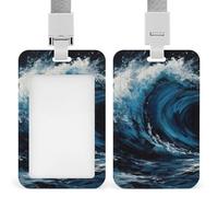 Blue Wave Painting Heavy Duty Id Card Badge Holder Plastic Name Tag Badge Holder with Clear Window Waterproof Card Protector Sleeve for Nurse Doctor Teacher Office Employee