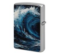 Blue Wave Painting Lighter Case Metal Double-Sided Lighter Cover Pocket Lighters Sleeve Windproof Lighters Accessories for Men Women