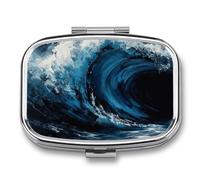 Blue Wave Painting Pill Box - 2 Compartment Travel Pill Organizer with Small Mirror, Portable Pillcase for Pocket & Purse, Cute Square Medicine Case, Weekly Medicine Container