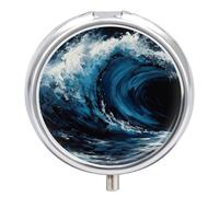 Blue Wave Painting Pill Box - 3 Compartment Travel Pill Organizer with Small Mirror, Portable Pillcase for Pocket & Purse, Cute Round Medicine Case, Weekly Medicine Container