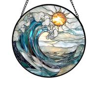 Blue Wave Stained Glass Window Hanging, Acrylic Garden Wall Art Outdoor, Colorful Window Wall Hanging Ornament, Suncatcher Glasses Panels for Christmas Thanksgiving Housewarming Gift