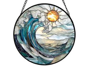 Blue Wave Stained Glass Window Hanging, Acrylic Garden Wall Art Outdoor, Colorful Window Wall Hanging Ornament, Suncatcher Glasses Panels for Christmas Thanksgiving Housewarming Gift