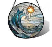 Blue Wave Stained Glass Window Hanging, Stained Glass Panels, Hand Painted Acrylic Suncatcher Glasses Panels Decor Gift for Christmas Thanksgiving Housewarming Gift