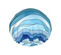 Blue Wave Stripe Print Shower Cap for Women Men, Reusable Double-Layer Fabric Bathing Cap Girls Hair Caps, 29 CM