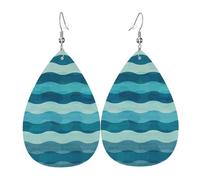 Blue Wave Stripe Printed Dangle Leather Earrings, Reversible Statement Jewelry with Silver Plated Hooks