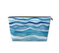 Blue Wave Stripe Prints PVC Leather Travel Toiletry Bag with Gold Zippers, Waterproof Cosmetic Organiser for Makeup, Toiletries & Essentials